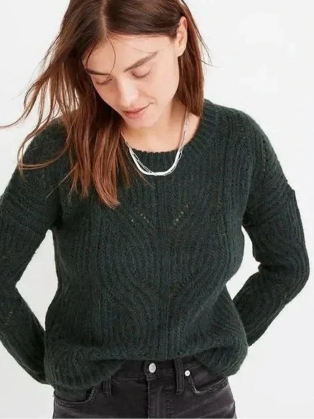 Madewell Charley Cable Knit Alpaca Blend Sweater Dark Green Sz S